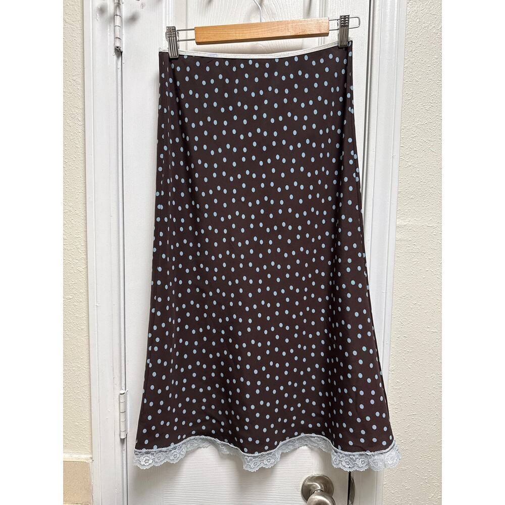 Vintage Y2K Mystique Brown Slip Skirt Polka Dot Lace Trim Size XS Coquette - Picture 2 of 5